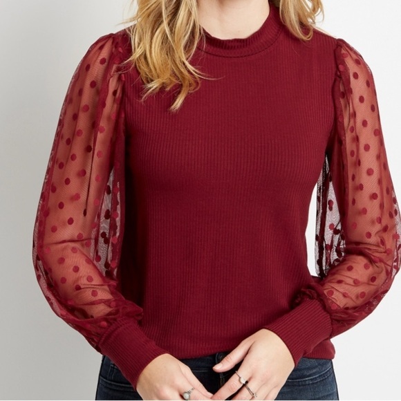 Maurices Red Sheer Polka Dot Sleeve Mock Neck Top - Picture 1 of 7